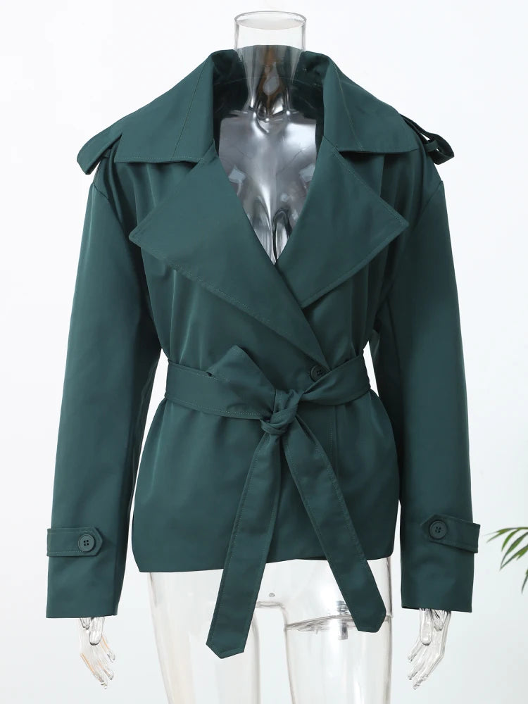 Women's Lace-Up Short Trench Coat – Button, Loose Fit
