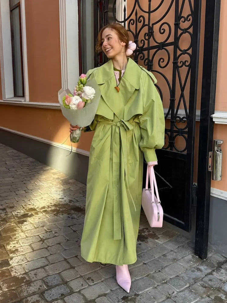 Women's Color-Block Long Trench Coat – Turn-Down Collar, Single-Breasted