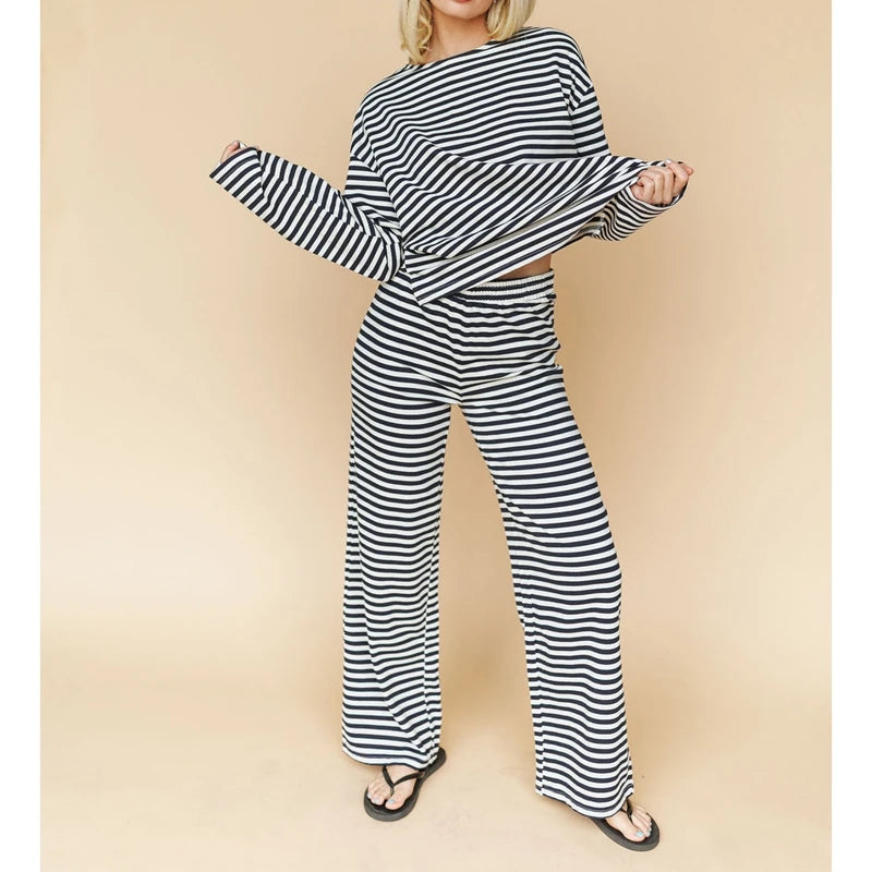 Ensemble de pyjama 2 pièces pour femme Combhasaki, composé d'un haut à manches longues rayé et d'un pantalon large, tenue de détente et de nuit