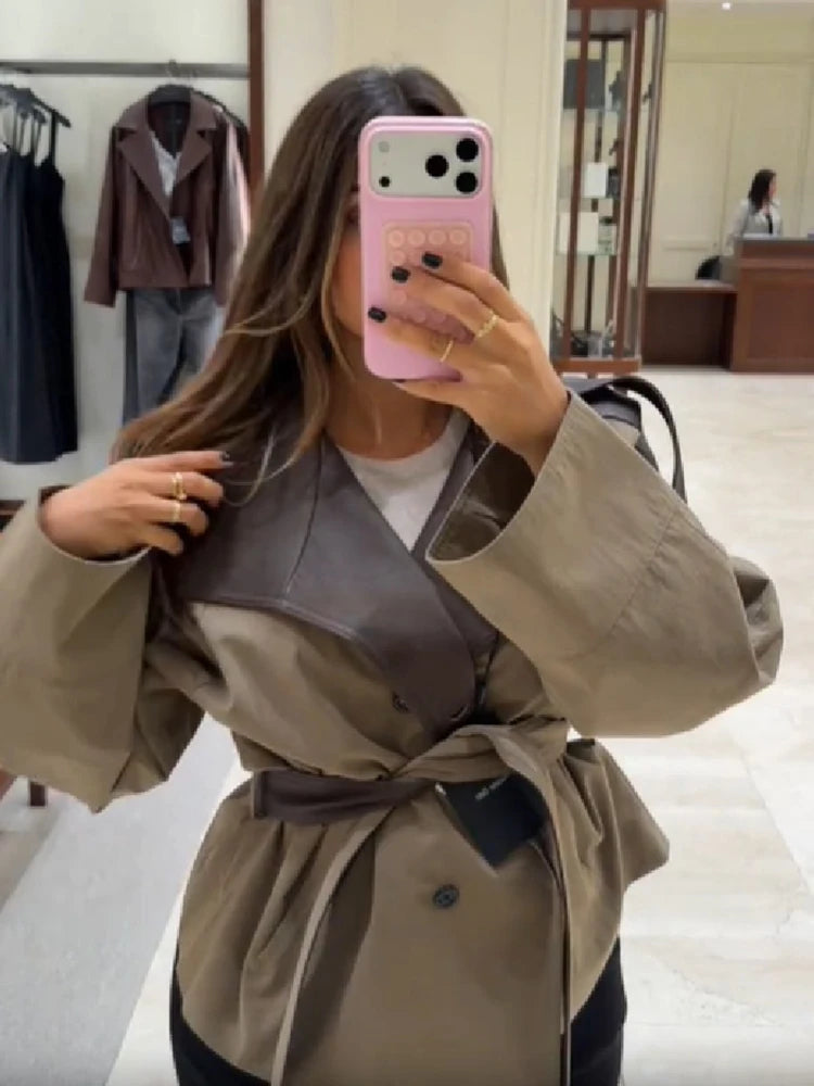 Women's Cropped Trench Coat – Faux Leather, Belted Waist