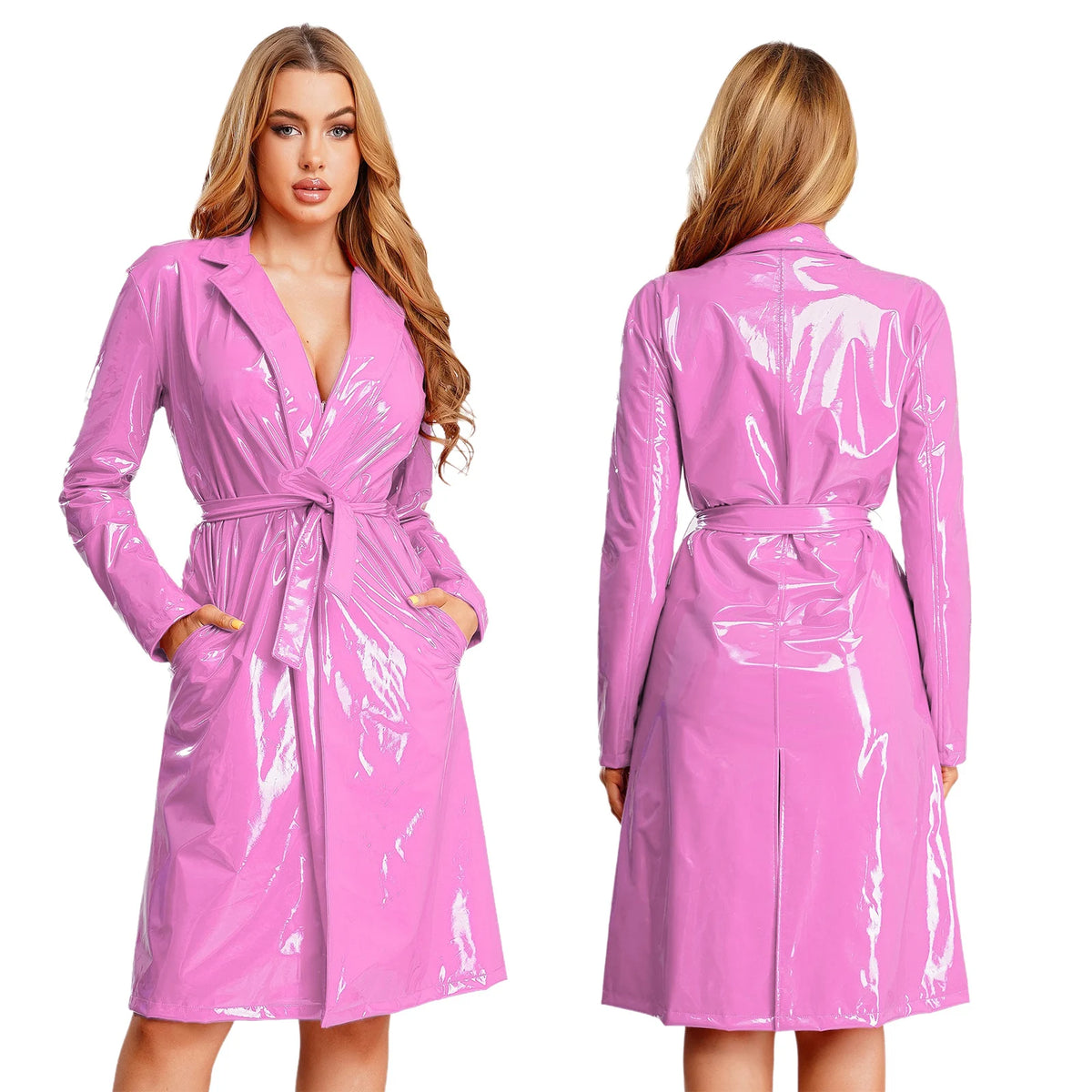 Women's PU Leather Trench Coat – Open Front, Lapel