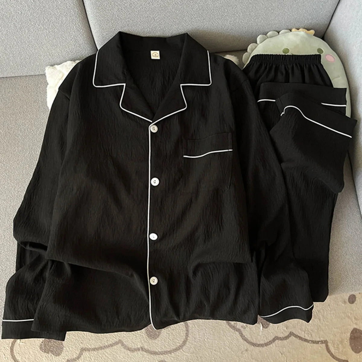 Set pigiama da uomo autunnale, nuovo, tinta unita, semplice, taglie forti, con bavero, maniche lunghe, 2 pezzi, pigiama da uomo casual, morbido, oversize, abbigliamento da casa