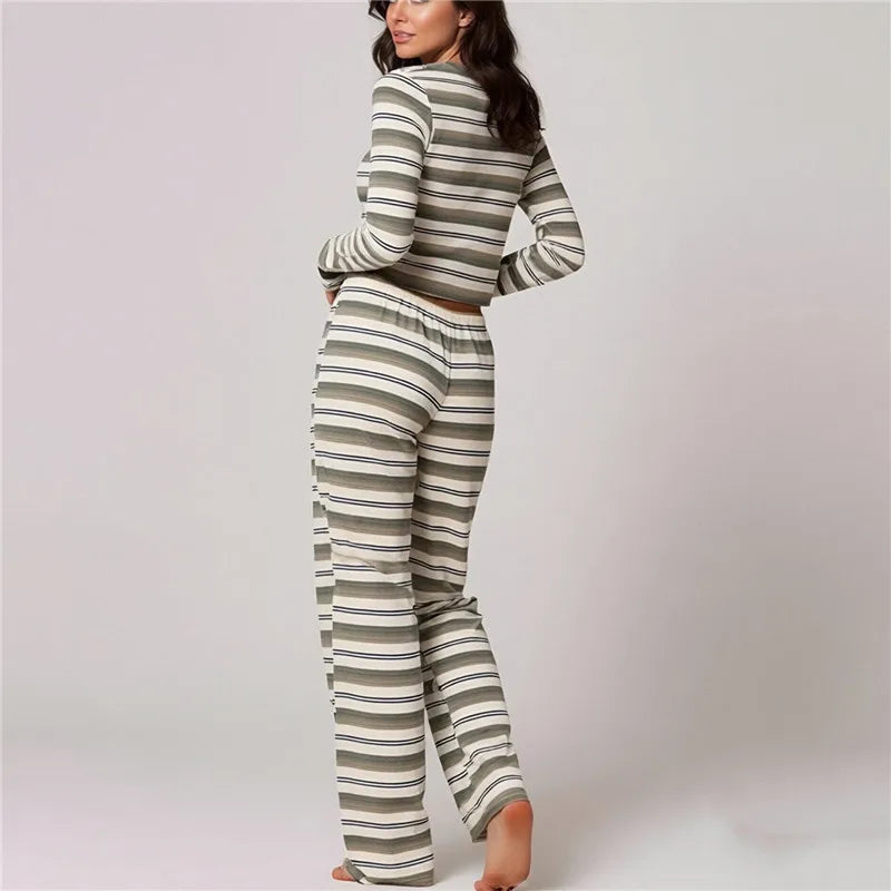 Ensemble pyjama 2 pièces pour femme, tenue d'intérieur, haut à rayures à col rond et manches longues avec pantalon ample, ensemble de nuit