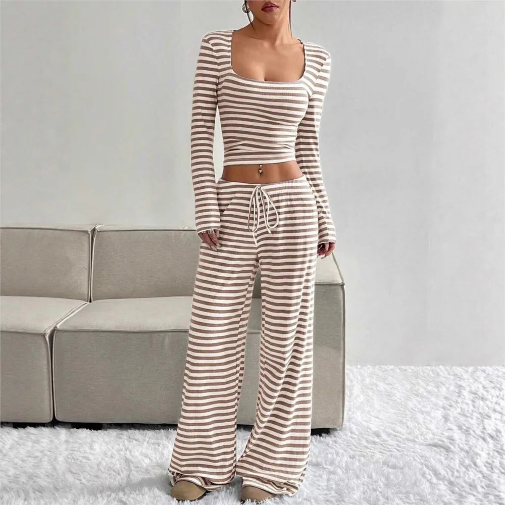 Ensemble deux pièces pour femme à rayures, pantalon large taille haute, haut à manches longues, mode moulante