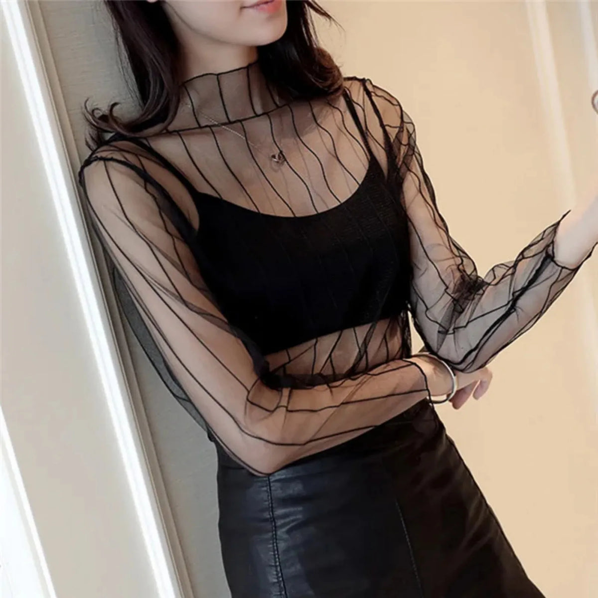 Women's Sheer Mesh Top – See-Through, O-Neck