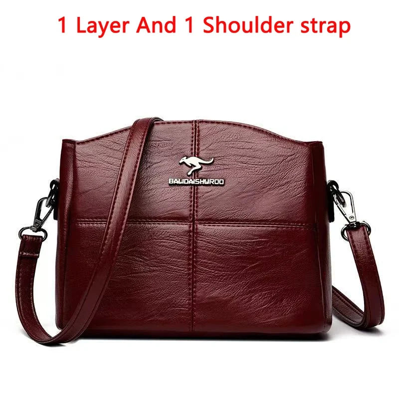 Women's Split Leather 3-Layer Tote Shoulder Crossbody Handbag