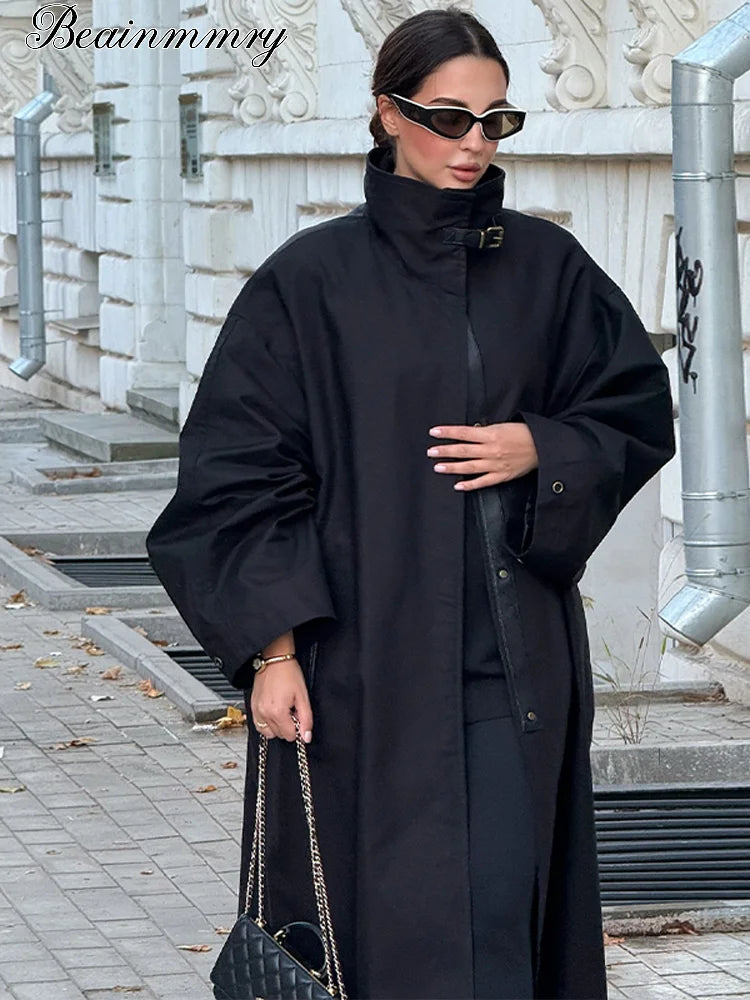 Women's Black Long Trench Coat – Stand Collar, Single-Breasted