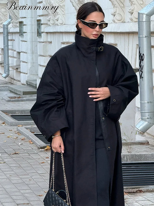 Women's Black Long Trench Coat – Stand Collar, Single-Breasted