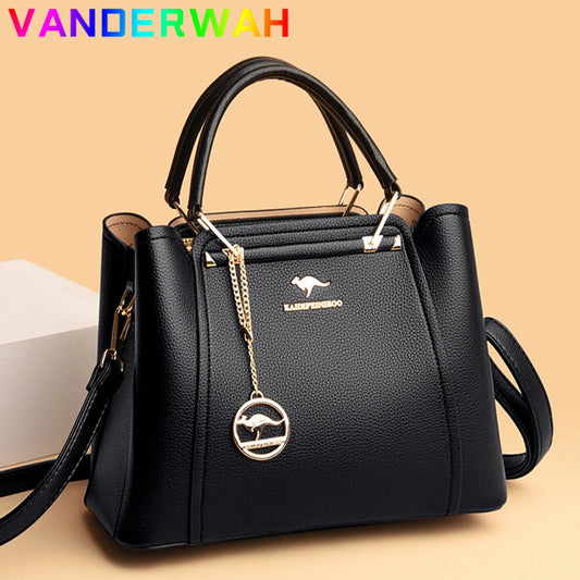 Women's Split Leather 3-Layer Tote Shoulder Crossbody Handbag