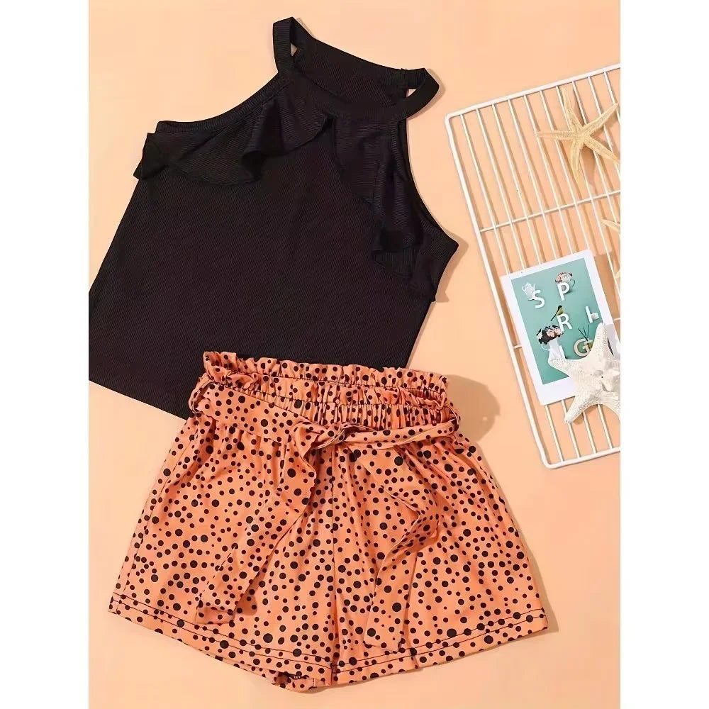 Girls' 2-Piece Summer Outfit – Ribbed T-Shirt & Leopard Shorts