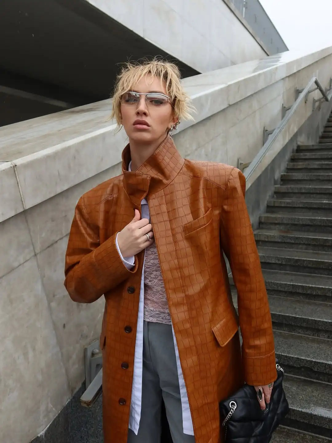 Women's Croc-Embossed Faux Leather Trench Coat – Long, Single-Breasted