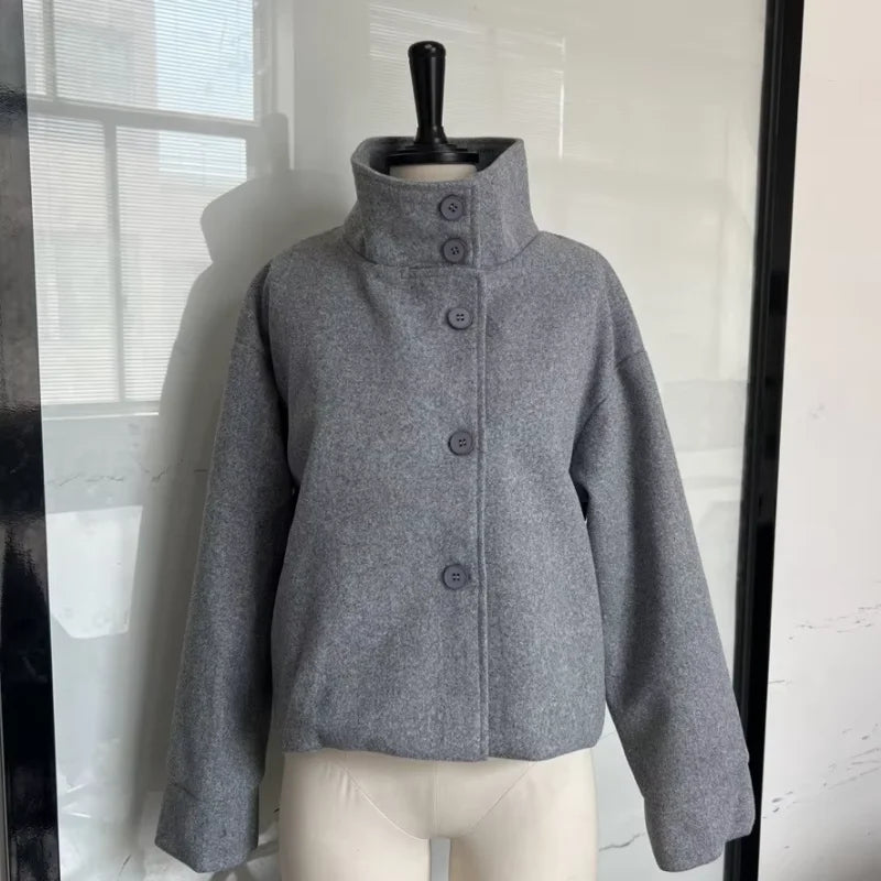 Women's Short Coat – Stand Collar, Full Sleeve, Zipper