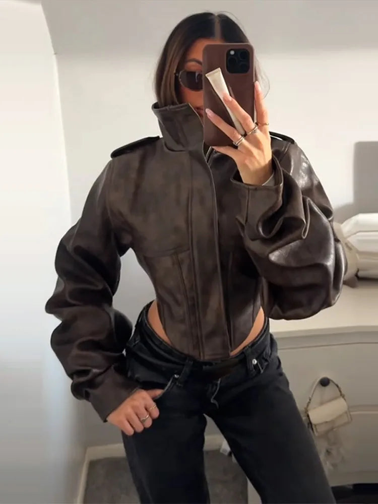Women's Faux Leather Cropped Jacket – Lapel, Zipper