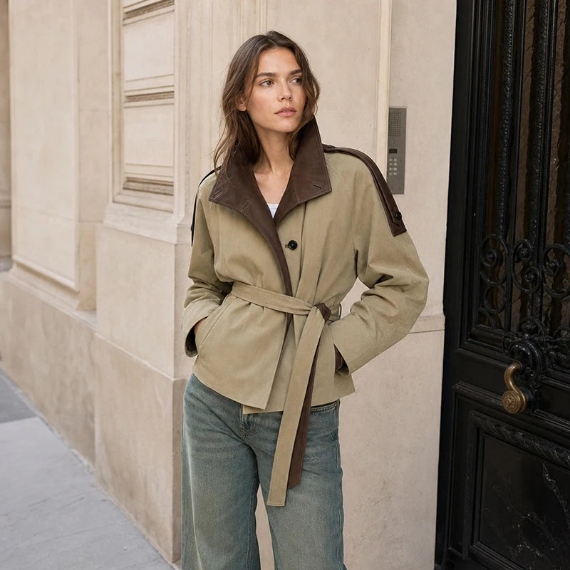 Women's Cropped Trench Coat – Faux Leather, Belted Waist