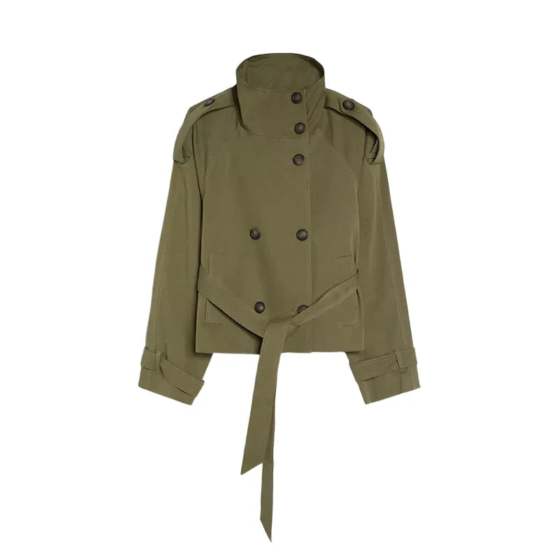 Damen-Trenchcoat zum Schnüren – Stehkragen, zweireihig