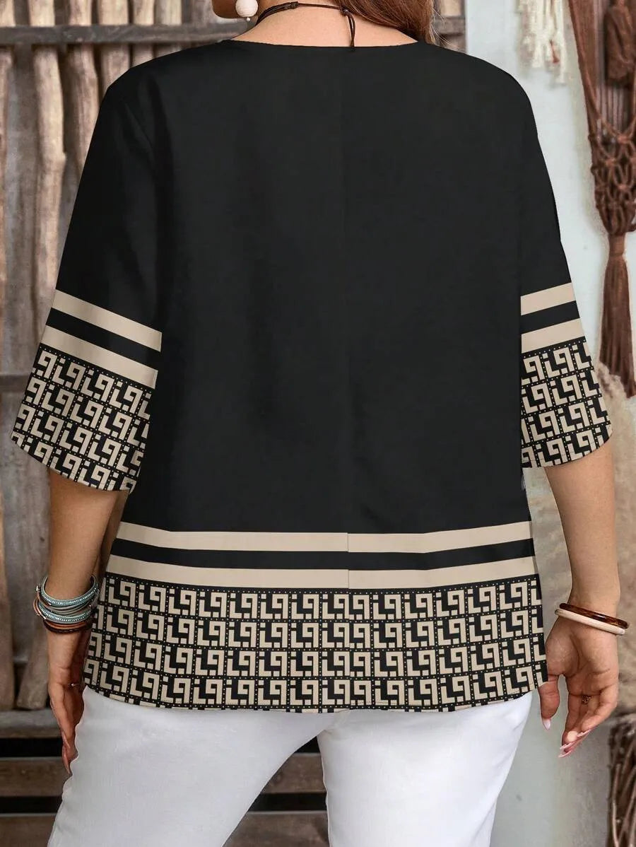 Women's Plus Size Retro Print Shirt – Short Sleeve, Button