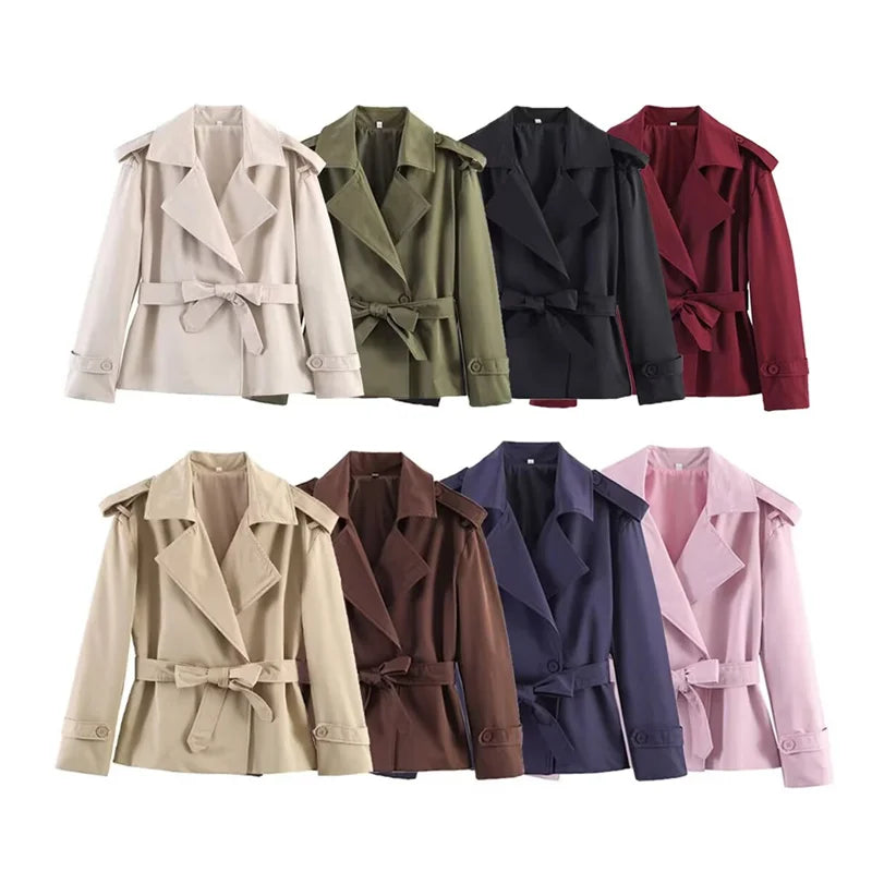 Women's Belted Short Trench Coat – Long Sleeve