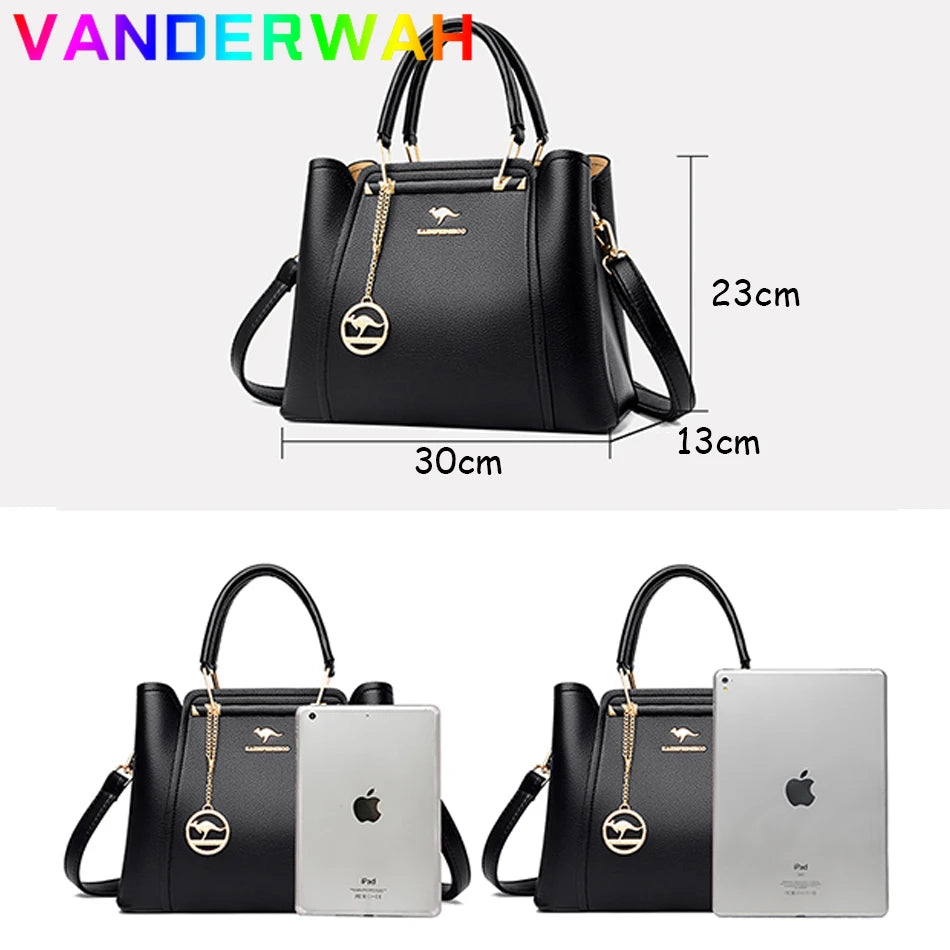 Women's Split Leather 3-Layer Tote Shoulder Crossbody Handbag