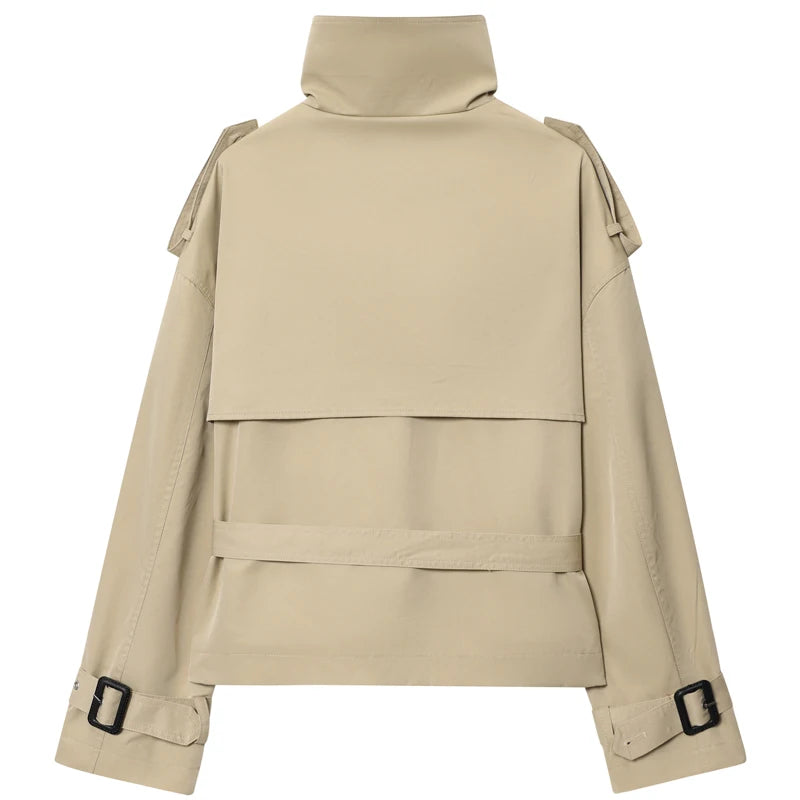 Women's Khaki Short Trench Coat – Stand Collar, Double-Breasted