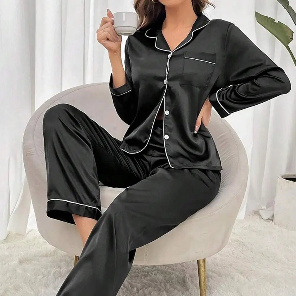 Ensemble de pyjama pour femme, haut à manches longues et pantalon à taille élastique, tenue d'intérieur, pyjama en imitation soie doux pour la peau