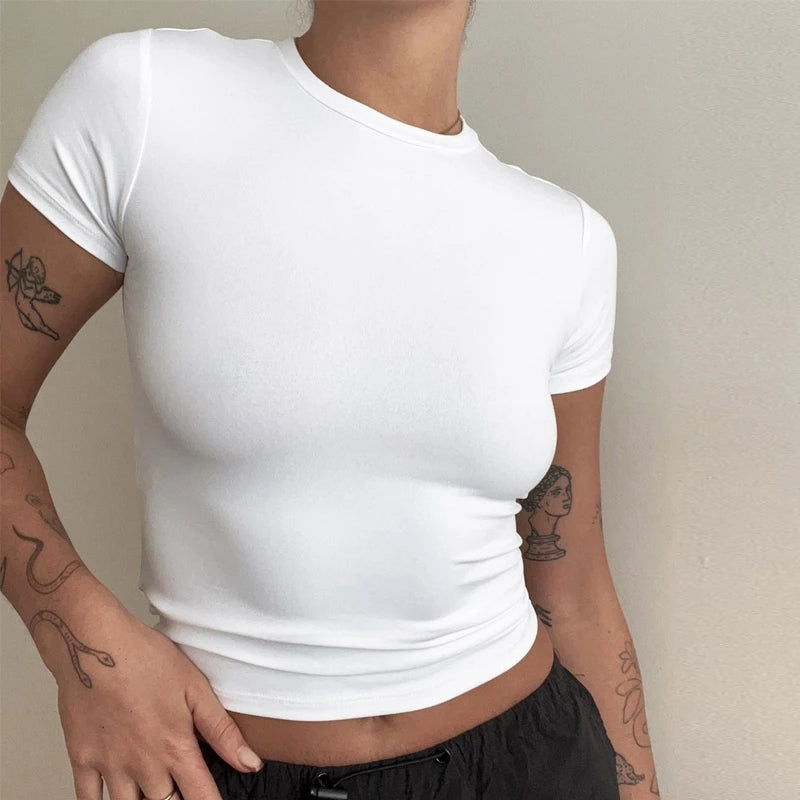 Vêtements féminins, t-shirt à manches courtes, hauts moulants, femme, col rond, t-shirt gainant en tricot, tenue de ville sexy et sportive, 2024 Y2K New2410