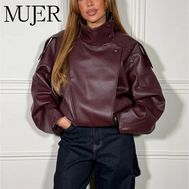 Women's Faux Leather Bomber Jacket – Zipper, Turn-Down Collar