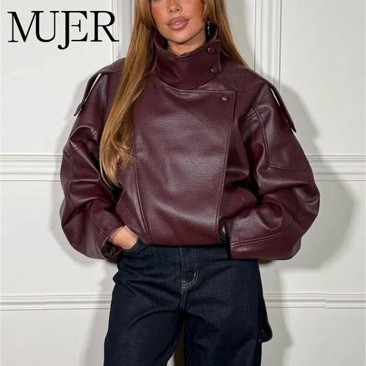 Women's Faux Leather Bomber Jacket – Zipper, Turn-Down Collar
