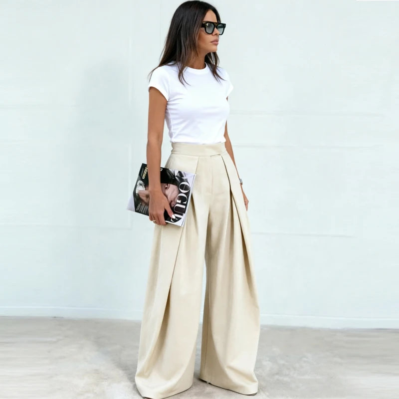 Women's High-Waist Pleated Wide-Leg Pants
