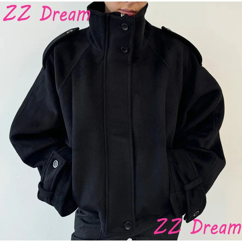 Women's Short Coat – Stand Collar, Full Sleeve, Zipper