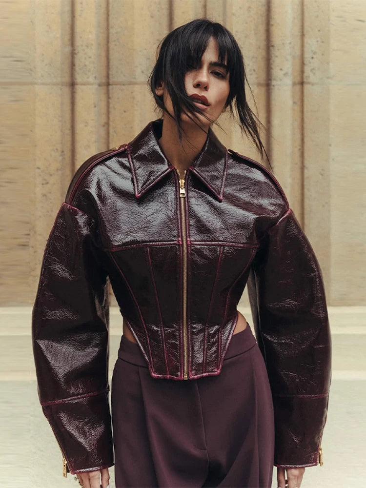 Women's Faux Leather Cropped Jacket – Lapel, Zipper