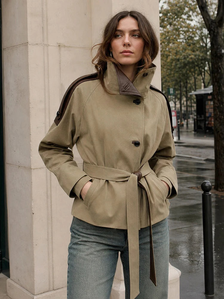 Women's Cropped Trench Coat – Faux Leather, Belted Waist