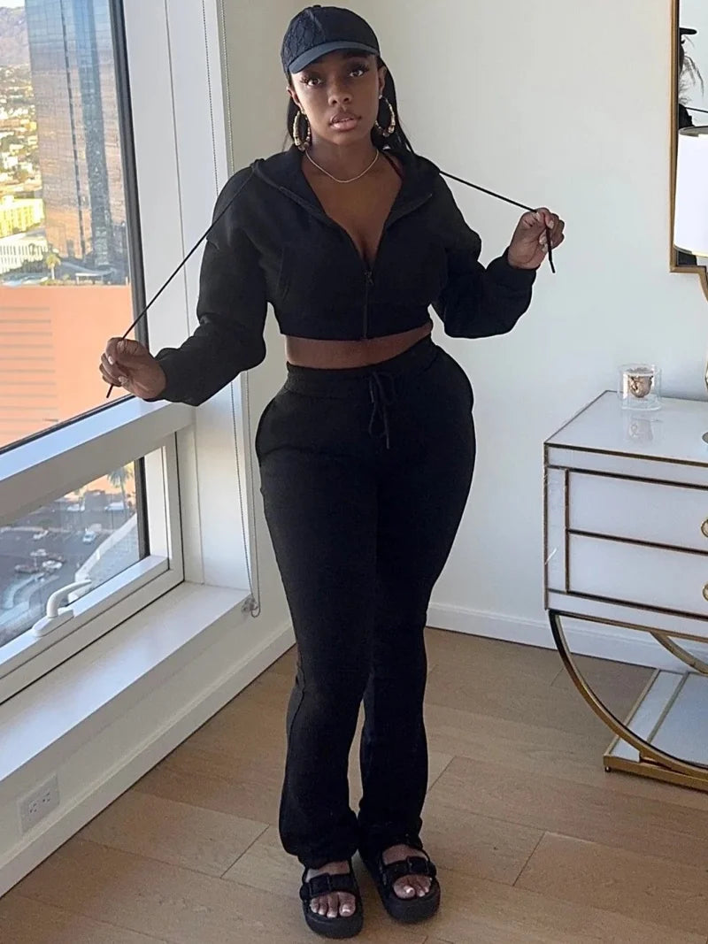Ensemble streetwear 2 pièces pour femme, tenue d'hiver, sweat-shirt court à capuche zippé + pantalon, survêtement en polaire pour femme
