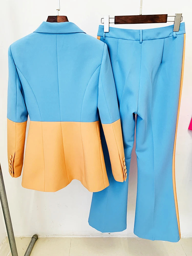 Women's Color Block Blazer and Flare Pant Suit Set