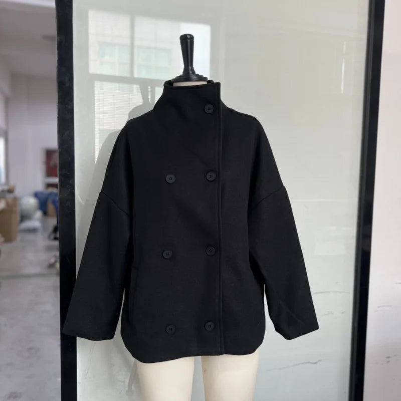Women's Short Coat – Stand Collar, Full Sleeve, Zipper