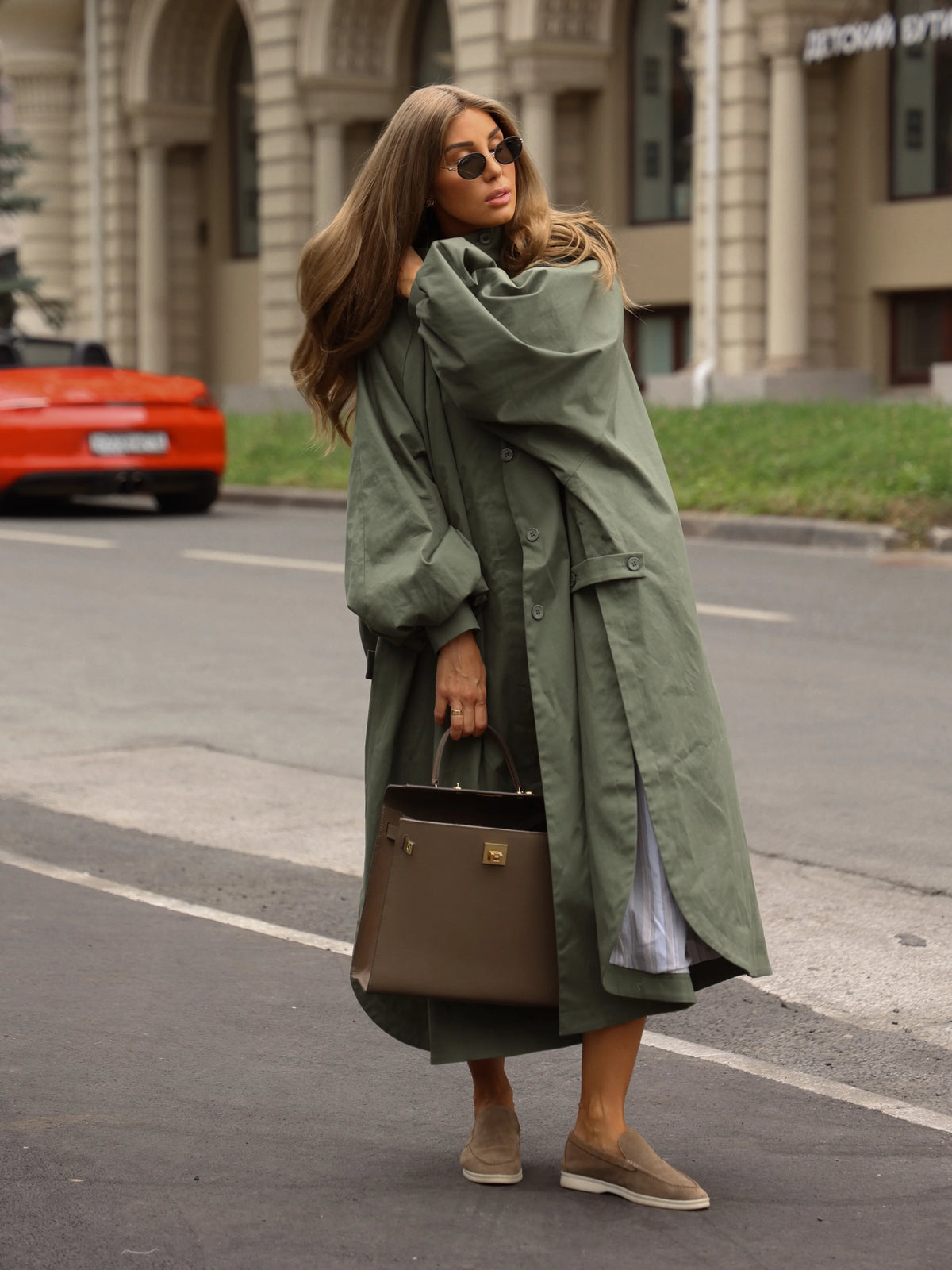 Langer Damen-Trenchcoat – Umlegekragen, einreihig