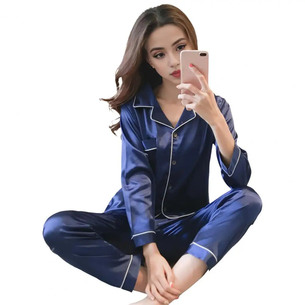 Ensemble de pyjama pour femme, haut à manches longues et pantalon à taille élastique, tenue d'intérieur, pyjama en imitation soie doux pour la peau