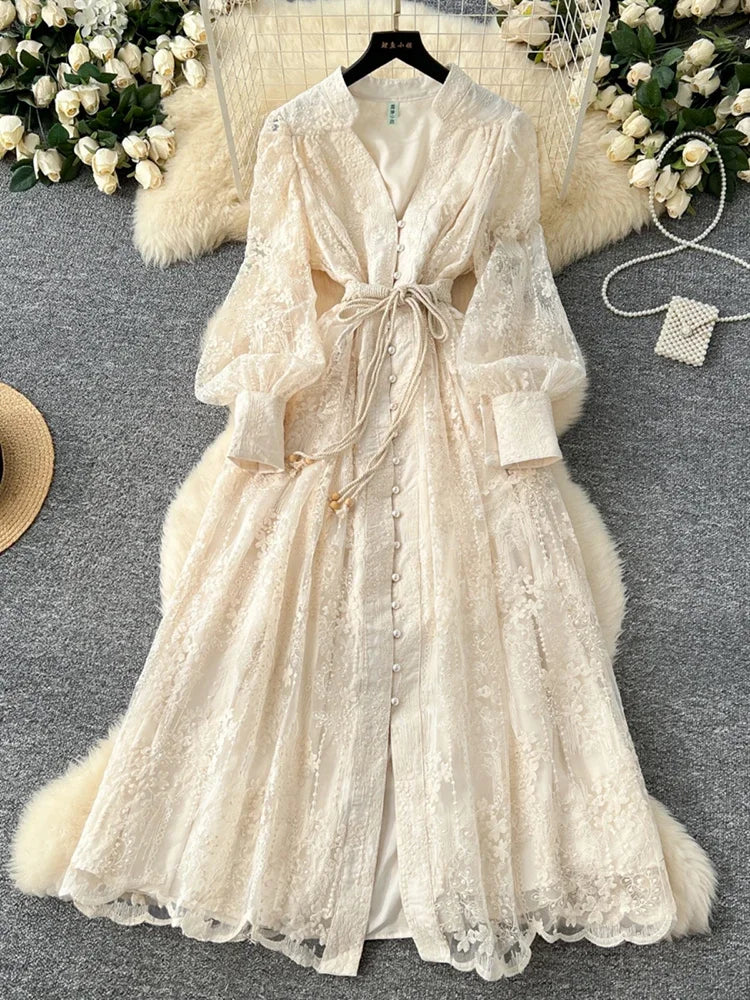 Women's Lace Embroidery Dress – V-Neck, Lantern Sleeve