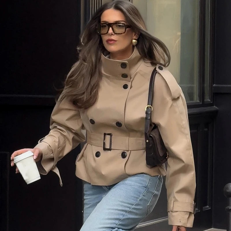 Women's Khaki Short Trench Coat – Stand Collar, Double-Breasted
