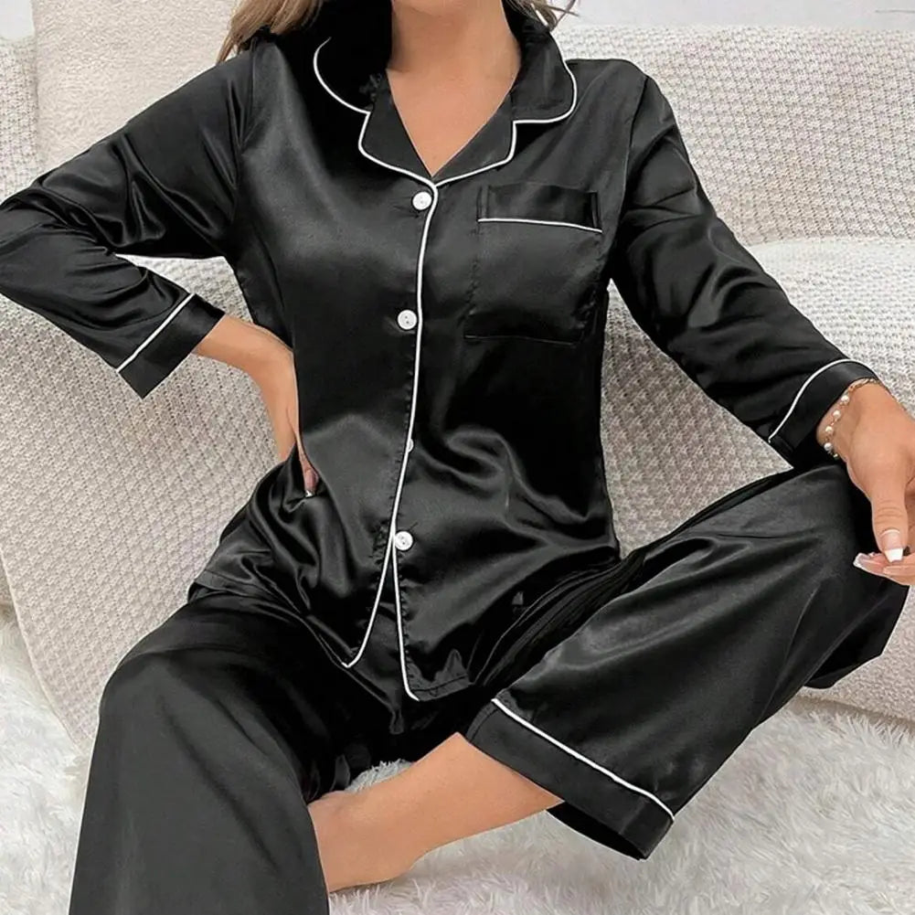 Ensemble de pyjama pour femme, haut à manches longues et pantalon à taille élastique, tenue d'intérieur, pyjama en imitation soie doux pour la peau