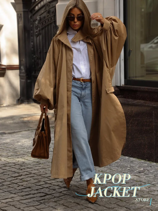 Women's Long Trench Coat – Turn-Down Collar, Single-Breasted