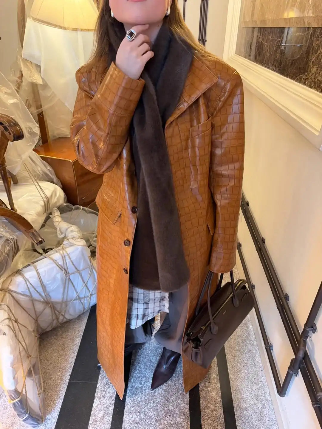 Women's Brown Croc-Embossed Faux Leather Trench Coat