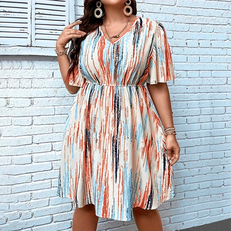 Women's Plus Size Striped Dress – V-Neck, Short Sleeve, Elastic Waist