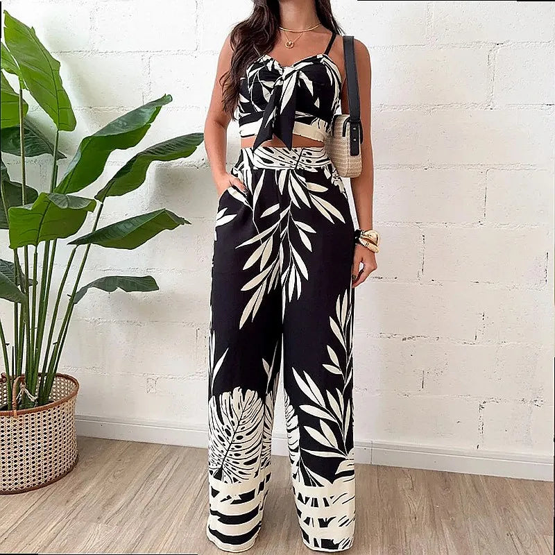 Completo estivo da donna: canotta stampata sexy e pantaloni a gamba larga, coordinato primavera-estate