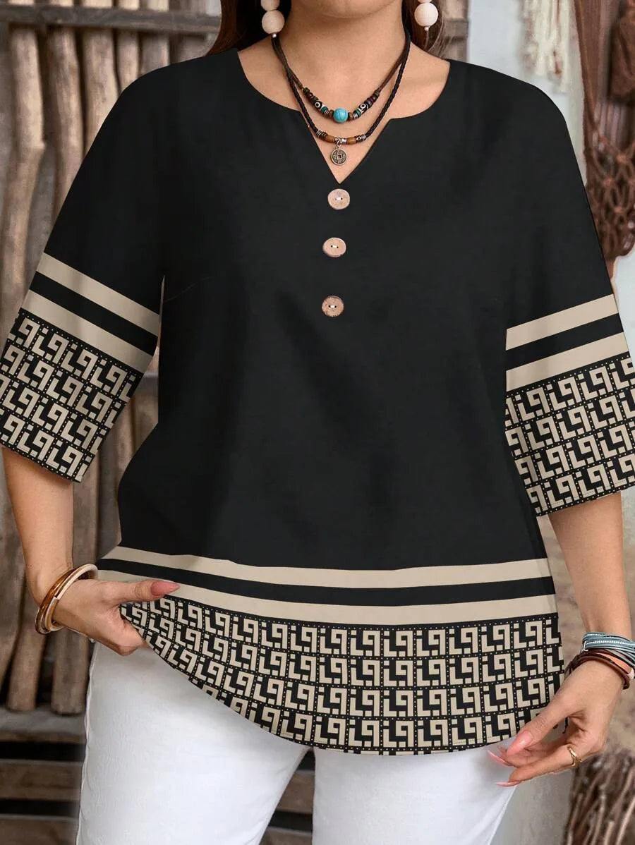 Women's Plus Size Retro Print Shirt – Short Sleeve, Button