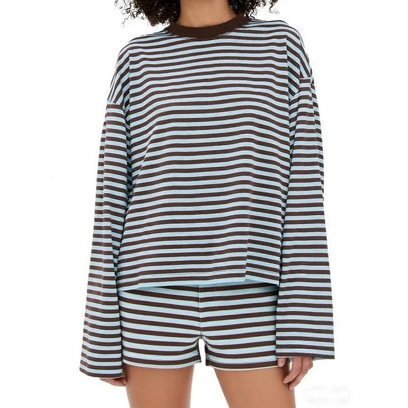 Ensemble de détente 2 pièces rayé pour femme, t-shirt à manches longues oversize style preppy et short, tenue décontractée assortie pour le printemps et l'automne