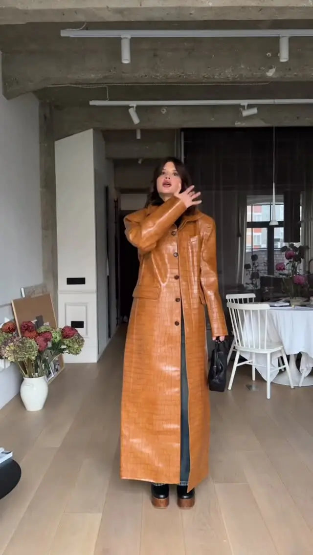 Women's Brown Croc-Embossed Faux Leather Trench Coat