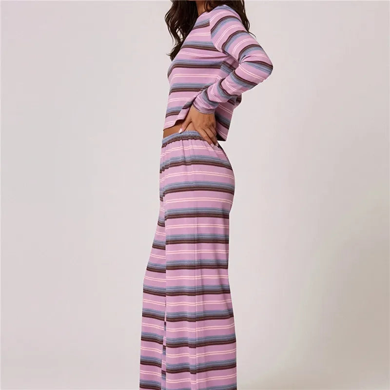 Ensemble pyjama 2 pièces pour femme, tenue d'intérieur, haut à rayures à col rond et manches longues avec pantalon ample, ensemble de nuit