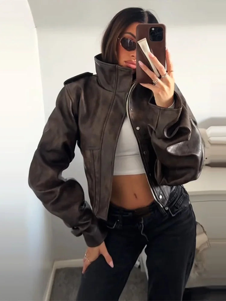 Women's Faux Leather Cropped Jacket – Lapel, Zipper
