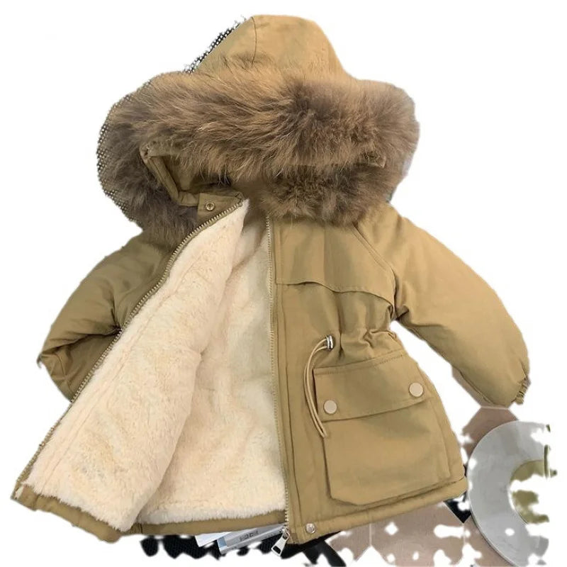 Girls' Velvet Winter Parka – Thickened, Cotton-Padded