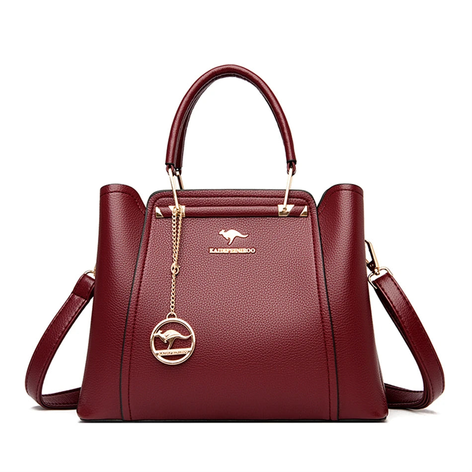 Women's Split Leather 3-Layer Tote Shoulder Crossbody Handbag